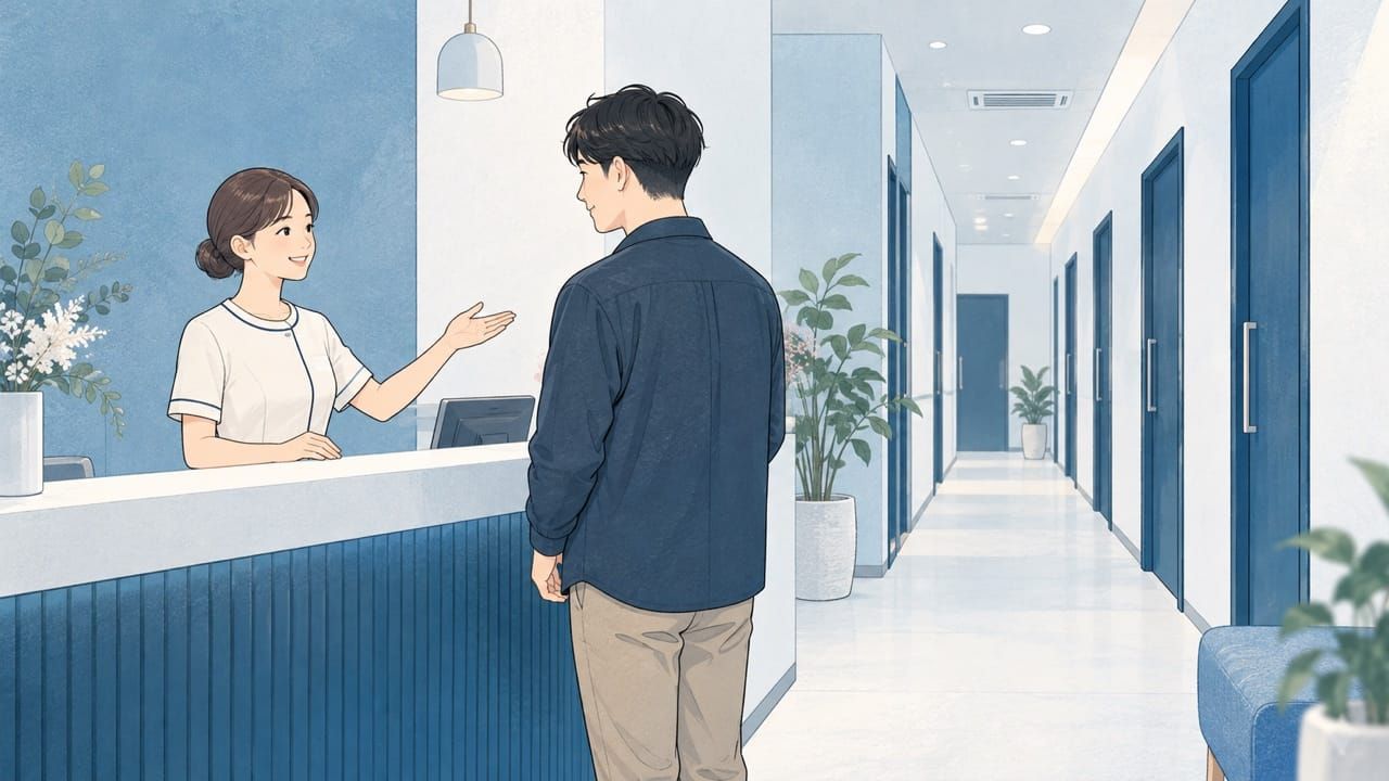 清潔な医療脱毛クリニックの受付で男性患者が案内を受け、奥に個室の扉が並ぶ通路が見えるイラスト。