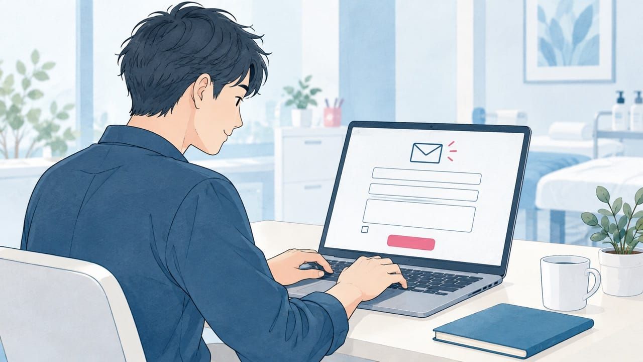 明るく清潔な室内で、男性が落ち着いた机の上のノートパソコンに表示された無記名の入力フォームから連絡するイラスト。