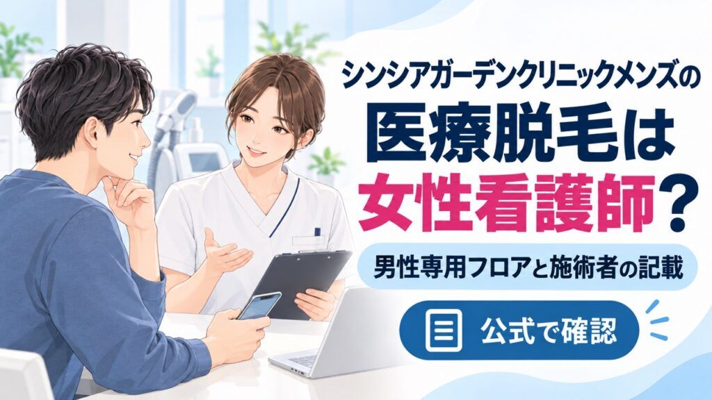 クリニックで男性客とスタッフが話すイラストの右に「シンシアガーデンクリニックメンズの医療脱毛は女性看護師?」「男性専用フロアと施術者の記載」「公式で確認」と書かれたアイキャッチ。