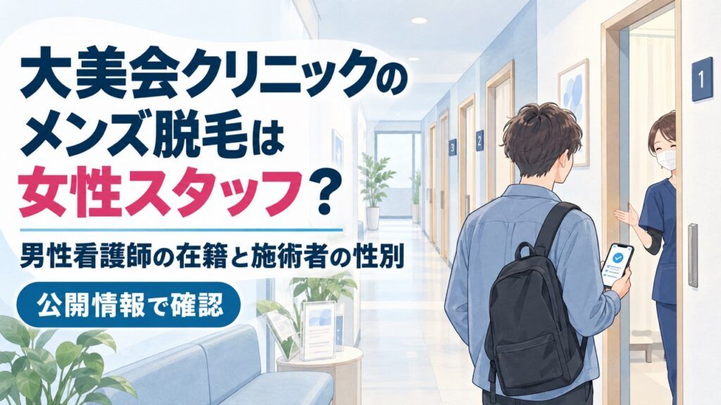 明るいクリニックの通路に個室のドアが並び、男性客とスタッフのイラストに「大美会クリニックのメンズ脱毛は女性スタッフ?」「男性看護師の在籍と施術者の性別」「公開情報で確認」の文字を重ねたアイキャッチ。
