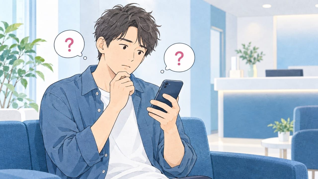 明るいクリニックの待合室で、男性がスマホを見ながら、二つの「？」の吹き出しとともに考えているイラスト。