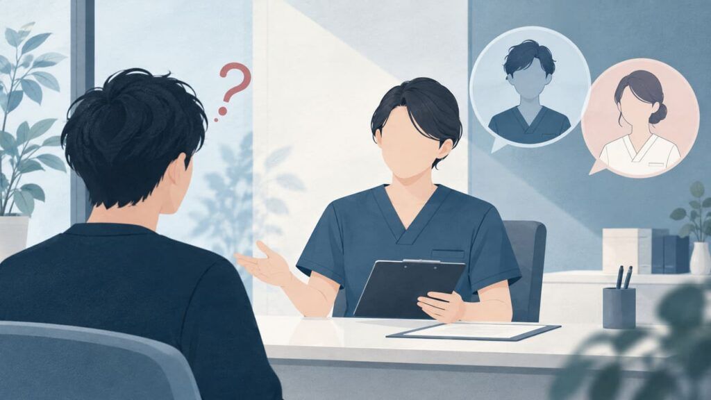 施術者についてカウンセリングで確認する場面のイラスト