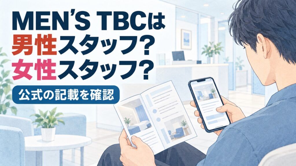 サロンの案内をスマホとパンフレットで確認する男性のイラストに、「MEN’S TBCは男性スタッフ?女性スタッフ?」「公式の記載を確認」と書かれたアイキャッチ。