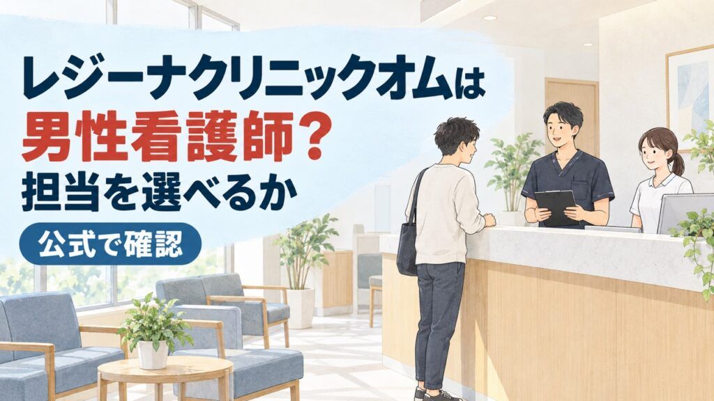 清潔な待合と受付に男性客と男女のスタッフを小さく描き、「レジーナクリニックオムは男性看護師？」「担当を選べるか」「公式で確認」と記したイラスト。