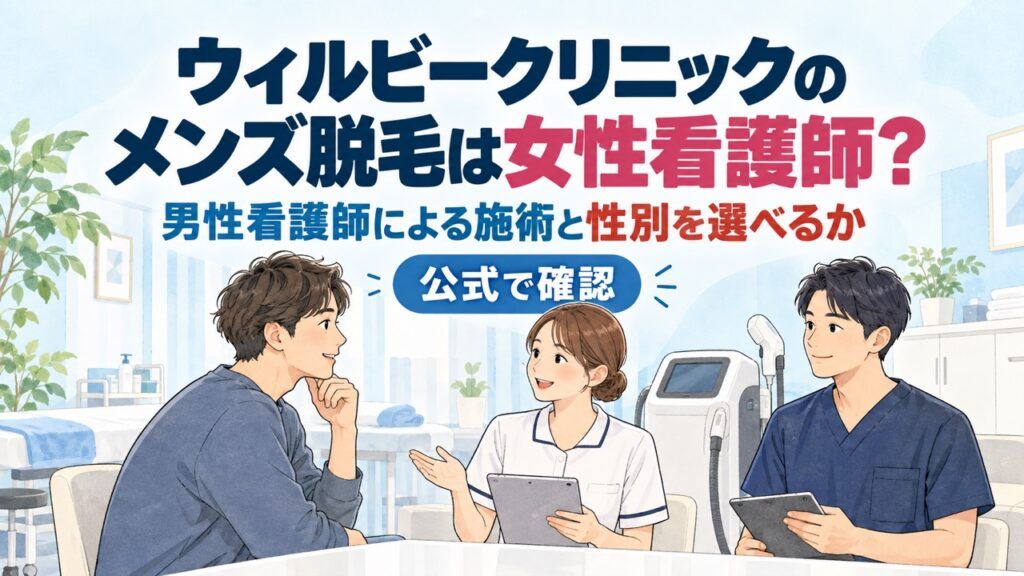 明るいクリニックで男性客が男女の看護師に相談するイラストに、「ウィルビークリニックのメンズ脱毛は女性看護師?」「男性看護師による施術と性別を選べるか」「公式で確認」の文字が入っている。