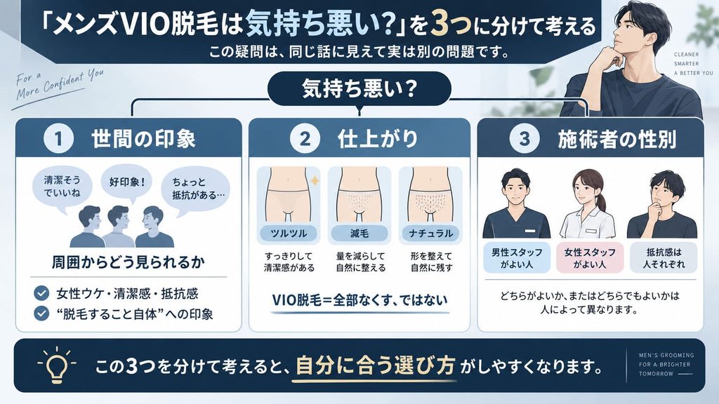 「メンズVIO脱毛は気持ち悪い？」という疑問を、世間の印象・仕上がり・施術者の性別の3つに分けた図解
