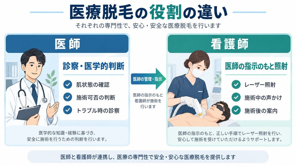 「医師＝診察・医学的判断／看護師＝医師の指示のもと照射」の図解