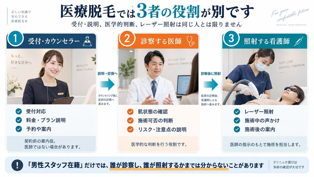 「受付・カウンセラー → 診察する医師 → 照射する看護師」の3者は別、という図解