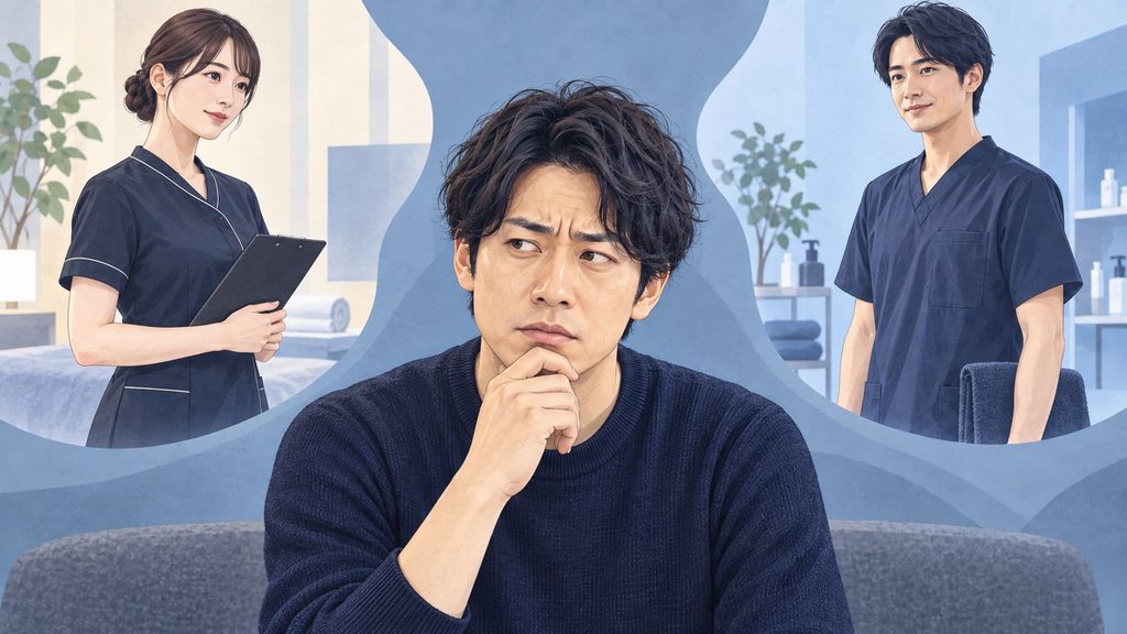 メンズVIO脱毛で男性スタッフと女性スタッフのどちらが安心できるか考える男性のイラスト
