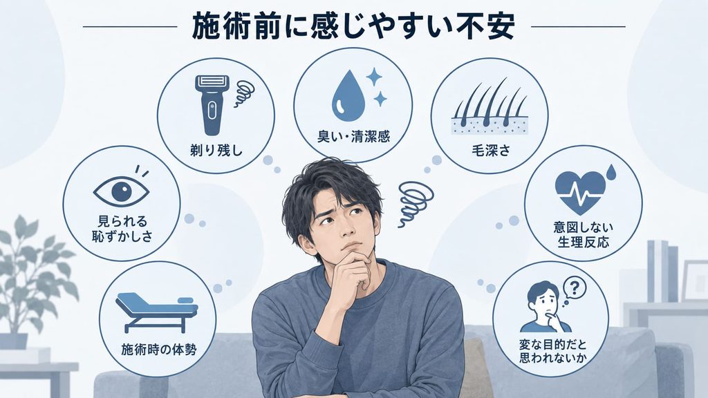 メンズVIO脱毛前に剃り残しや臭い、恥ずかしさ、生理反応などを心配する男性の心理を示した図解
