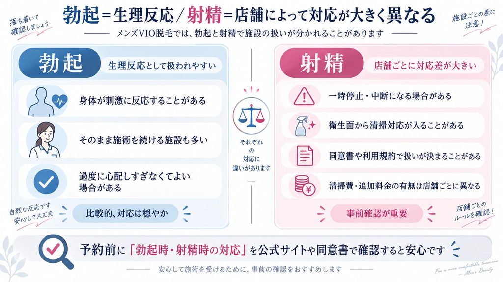 「勃起=生理反応/射精=店舗によって対応が大きく異なる」図解