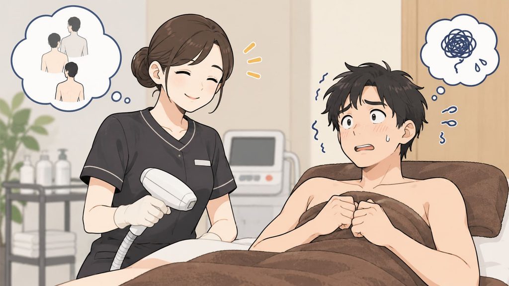 メンズ脱毛に慣れた女性スタッフと施術前に緊張する男性客
