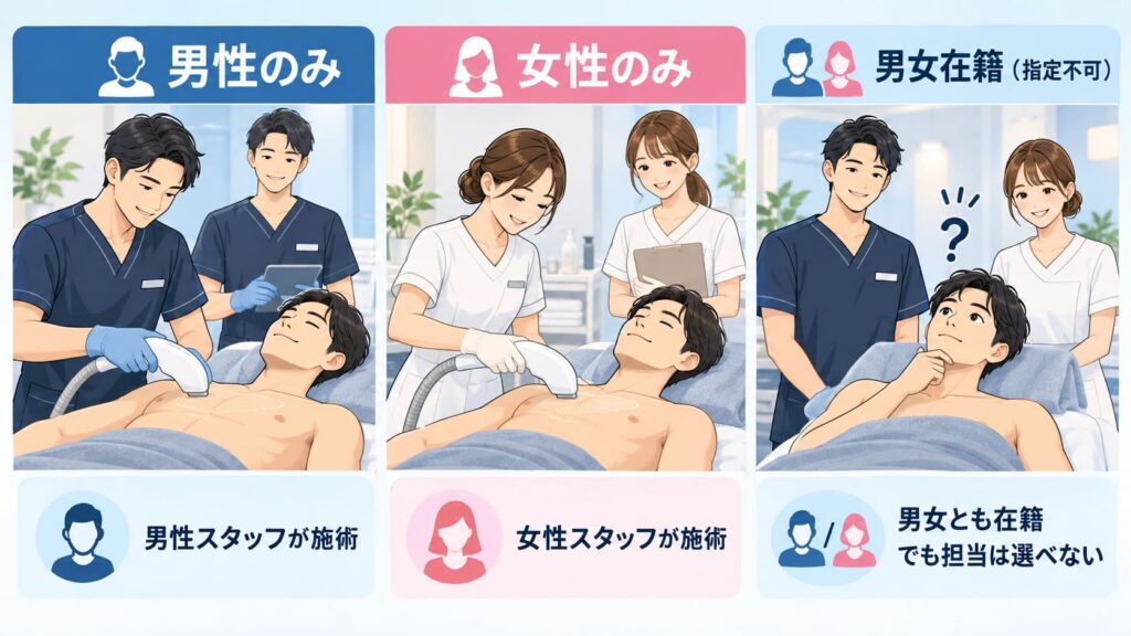 男性のみ・女性のみ・男女在籍（指定不可）」の3パターンを比較するイラスト